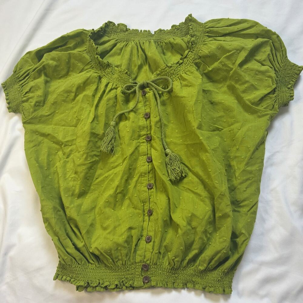 olive green swiss dot peasant blouse smocked neckline hem Woman Small Medieval